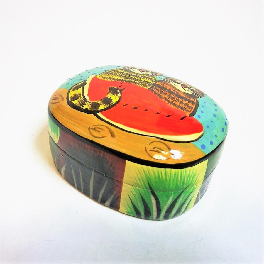 BOX ペーパーマッシュ ネコ 小物入れ 可愛い 西瓜と猫 インド 手作り Mサイズ |  | 02