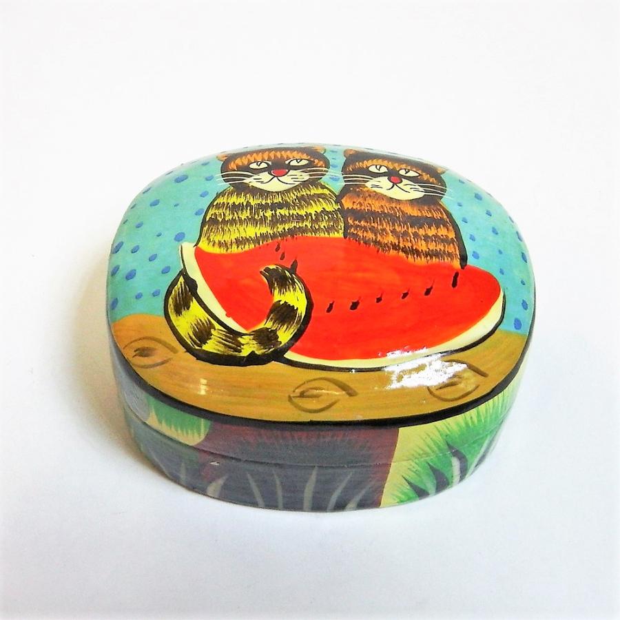 BOX ペーパーマッシュ ネコ 小物入れ 可愛い 西瓜と猫 インド 手作り Mサイズ |  | 03