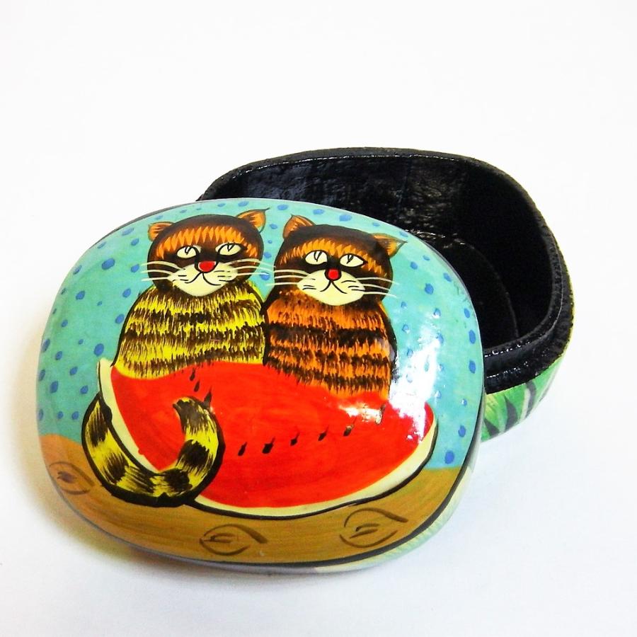 BOX ペーパーマッシュ ネコ 小物入れ 可愛い 西瓜と猫 インド 手作り Mサイズ |  | 05