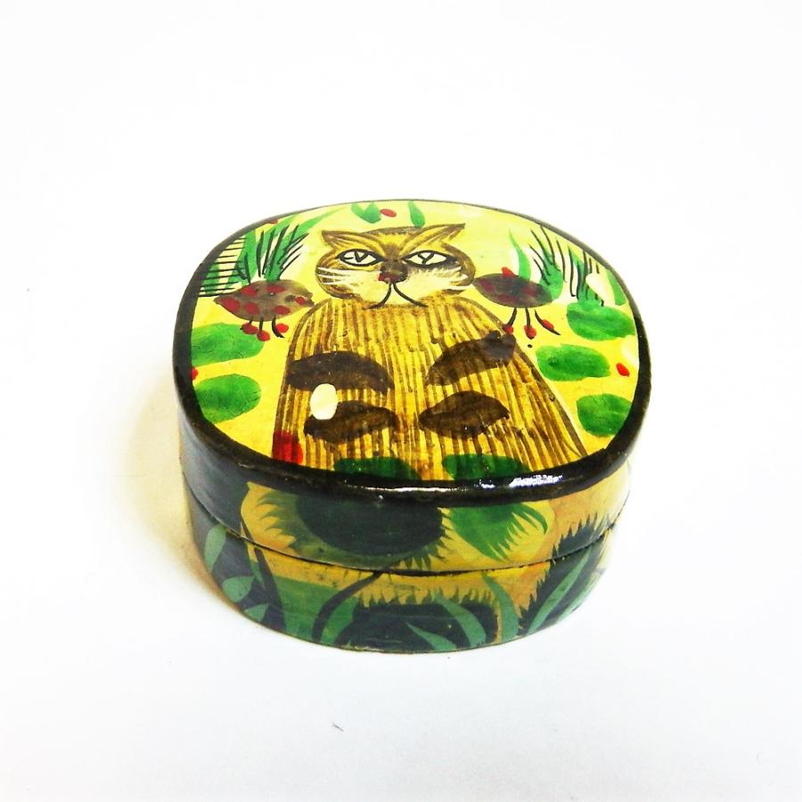 ネコ BOX ペーパーマッシュ 猫 小物入れ 可愛い 花畑猫 インド 手作り Sサイズ |  | 02