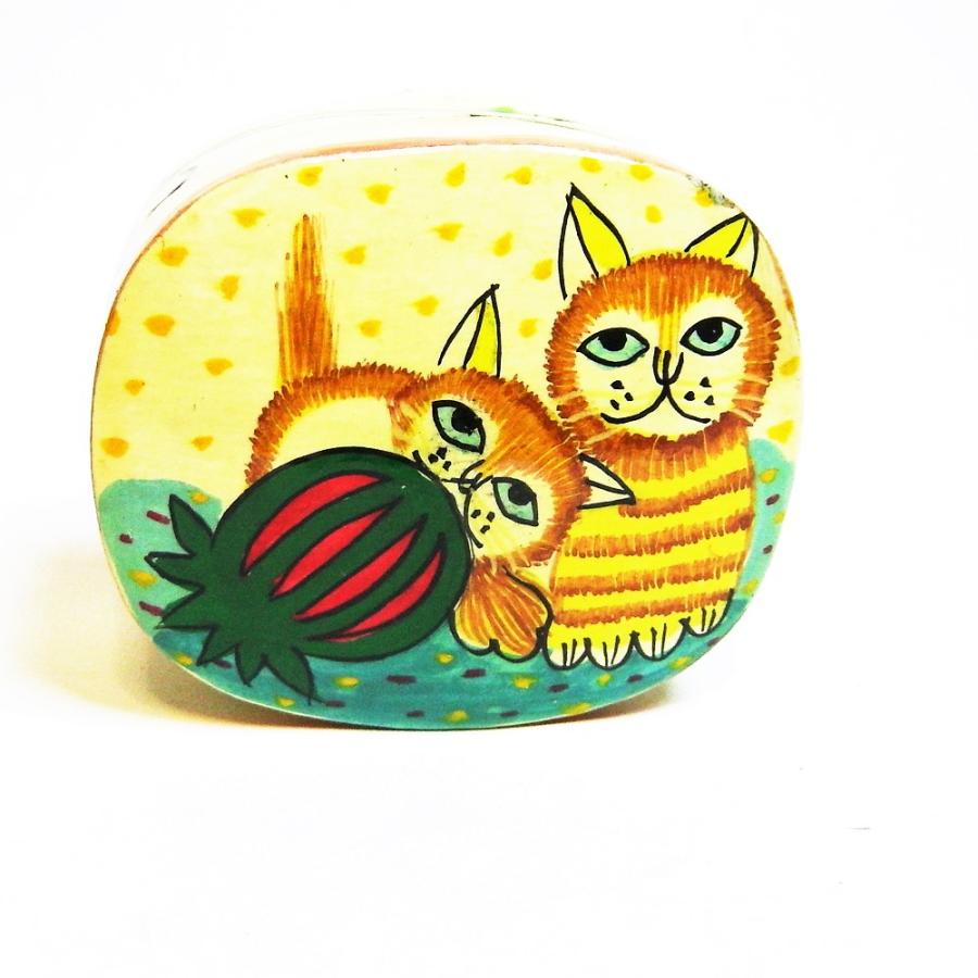 ネコ BOX ペーパーマッシュ 猫 小物入れ 可愛い 西瓜と2匹の猫 インド 手作り Sサイズ | 
