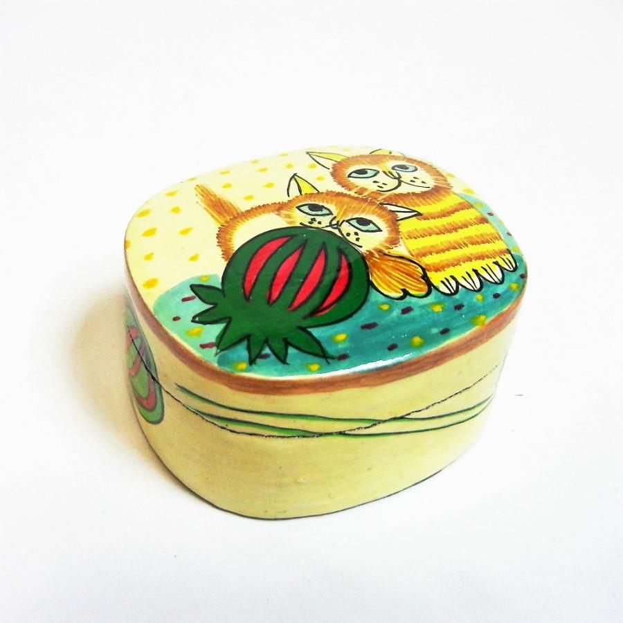 ネコ BOX ペーパーマッシュ 猫 小物入れ 可愛い 西瓜と2匹の猫 インド 手作り Sサイズ |  | 01