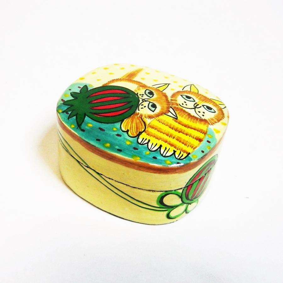 ネコ BOX ペーパーマッシュ 猫 小物入れ 可愛い 西瓜と2匹の猫 インド 手作り Sサイズ |  | 02