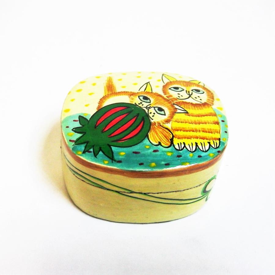 ネコ BOX ペーパーマッシュ 猫 小物入れ 可愛い 西瓜と2匹の猫 インド 手作り Sサイズ |  | 03