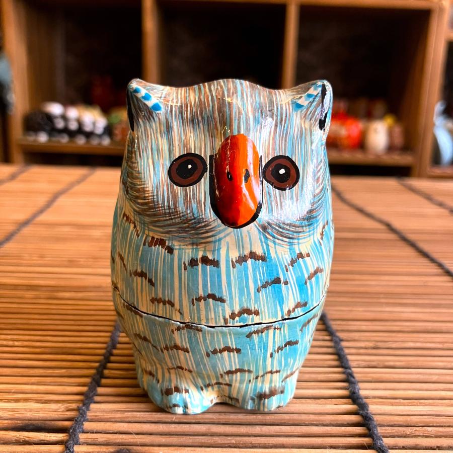 フクロウ 小物入れ 可愛い ブルー BOX 立ちフクロウ ペーパーマッシュ アニマル インド 紙素材 アジアン インテリア | 
