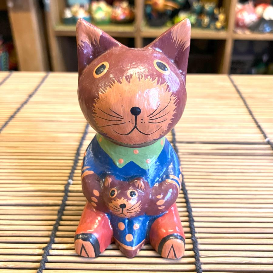 ネコ 茶ネコ 置物 木彫り アジアン雑貨 親子ネコ 可愛い 猫 オブジェ