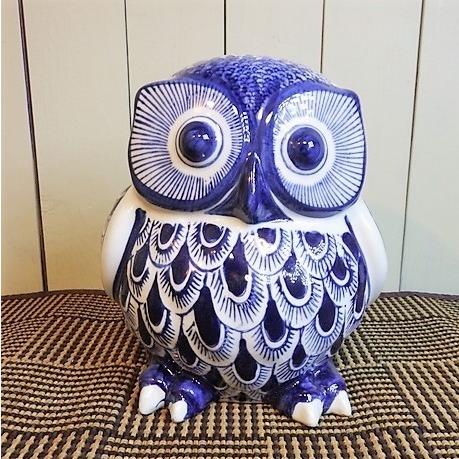 フクロウ 貯金箱 ふくろう 陶器 梟 置物 オブジェ 大きいサイズ 藍色 染付 縁起 和風 和室 玄関 インテリア雑貨 | 