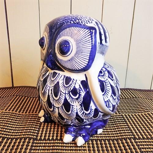 フクロウ 貯金箱 ふくろう 陶器 梟 置物 オブジェ 大きいサイズ 藍色 染付 縁起 和風 和室 玄関 インテリア雑貨 |  | 01