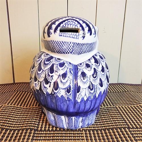 フクロウ 貯金箱 ふくろう 陶器 梟 置物 オブジェ 大きいサイズ 藍色 染付 縁起 和風 和室 玄関 インテリア雑貨 |  | 04