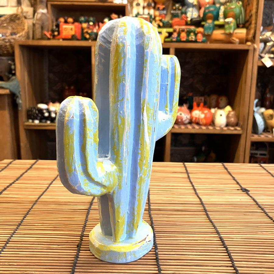 サボテン 置物 オブジェ さぼてん 木彫り 木製 ライトブルー