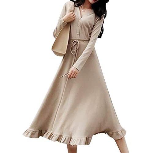 Sancanyi Riban レディース ワンピース 長袖 Vネック 春服 ロング丈 ドレス ハイウエスト Aライン ワンピース カーキ S Ten Unv09t3ig 天秤堂 ヤフー店 通販 Yahoo ショッピング