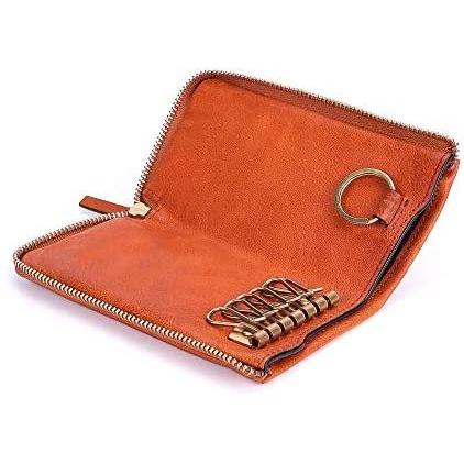 超爆安 Ijun キーケース オレンジ キーホルダー付き 6連キーフック ファスナー Ykk 本革 一体 手持ち マルチ コンパクト 収納 小銭 カード キー キーウォレット 財布 レディース メンズ その他