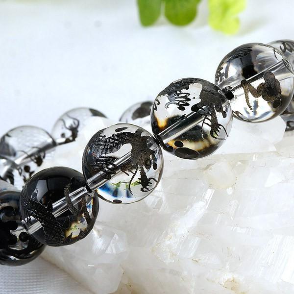 4月誕生石 運勢開闢 手彫り 黒龍 水晶 14mm ブレスレット [ブラック