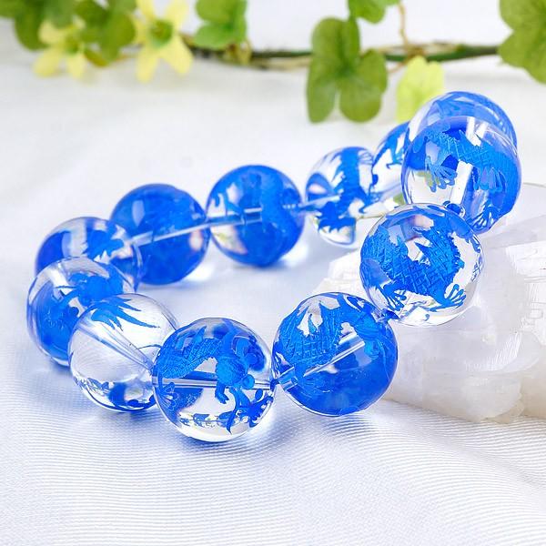 4月誕生石 運勢開闢 手彫り 藍龍 水晶 18mm ブレスレット [ブルー仕上げ] 青龍 ブルー彫刻龍