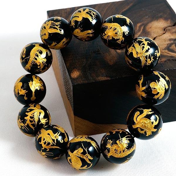 手彫り 金塗四神獣 オールインワンオニキス 18mm ブレスレット パワーストーン 送料無料