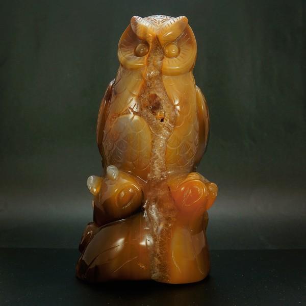フクロウの彫刻(手彫り)メノウ 瑪瑙 アゲート 水晶 置物 サイズ約W83×D80×H165(mm) 重量約1351g インテリアストーン