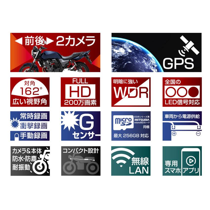 EDR-22G MITSUBA ミツバサンコーワ バイク用 ドライブレコーダー Wi-Fi