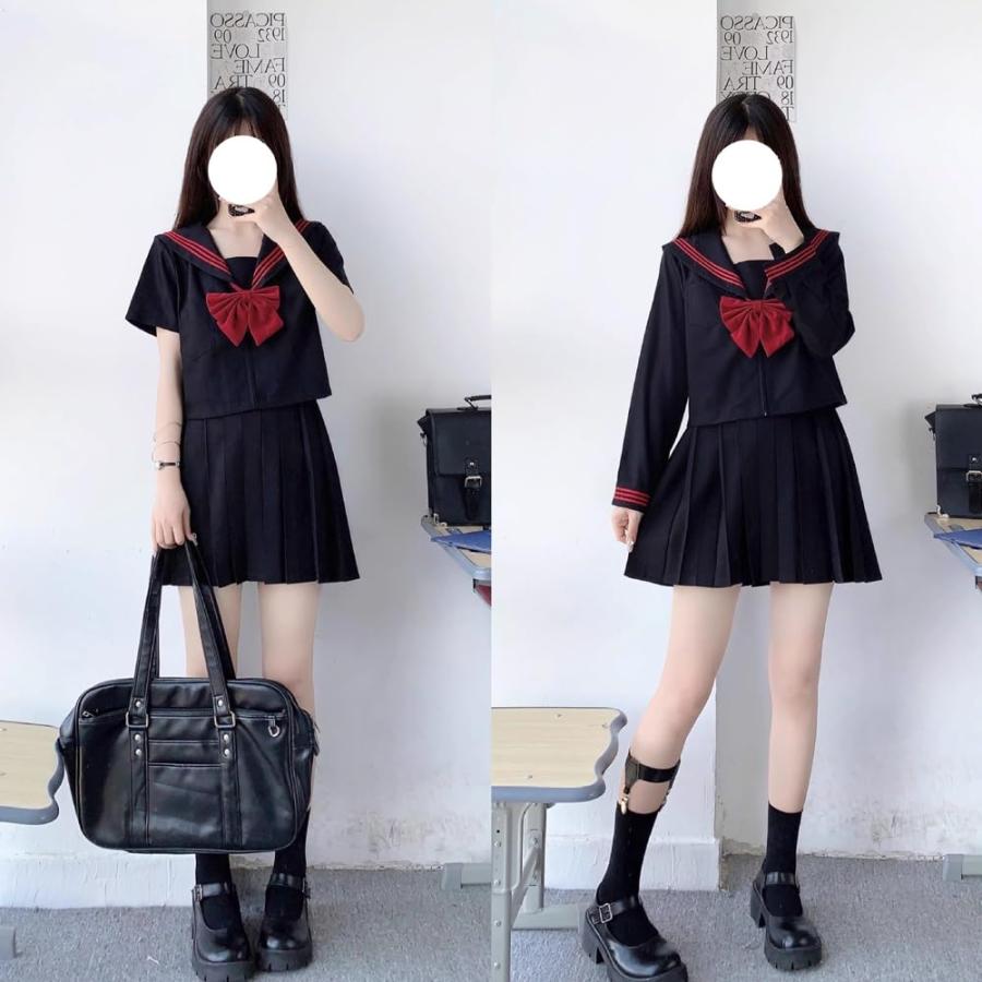 セーラー服 ブラック 黒 長袖 半袖 女子高生 赤蝶結ぶ 3点セット 