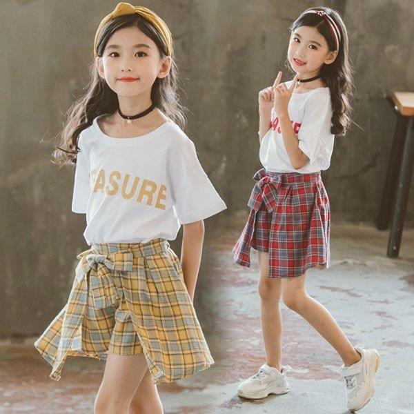 夏服 女の子服 子ども服 子供服 2点セット 女の子 半ｔシャツ チェックスカート チェック柄 憧れ セットアップ 160cm 110 新作 オシャレ キッズ 上下セット