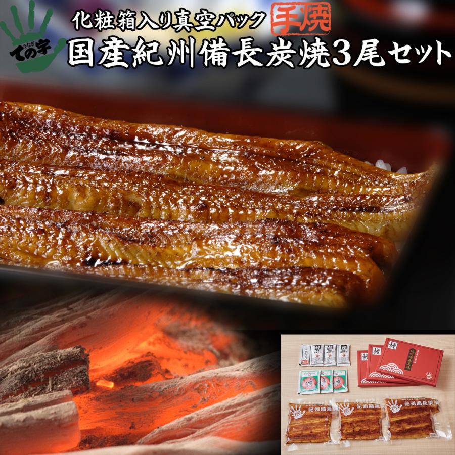 うなぎ 鰻 国産 プレゼント ギフト 蒲焼 紀州備長炭焼 120g×3セット ての字 化粧箱入り 手焼き｜tenoji