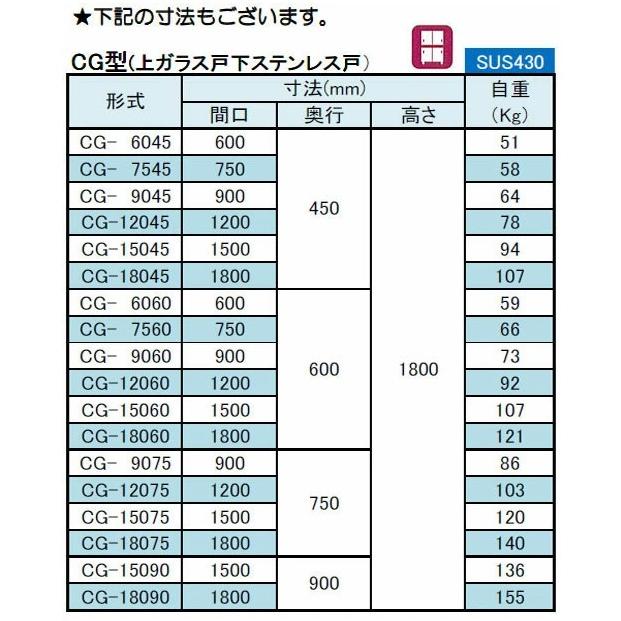 シンコー 食器棚 上ガラス戸 幅1500×奥行900×高さ1800 (CG-15090)(送料無料)(業務用)の画像