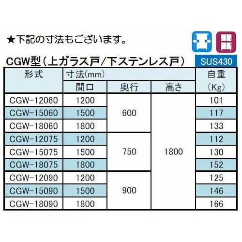 シンコー 食器棚 両面 上ガラス戸 幅1500×奥行750×高さ1800 (CGW-15075)(送料無料)(業務用)の画像