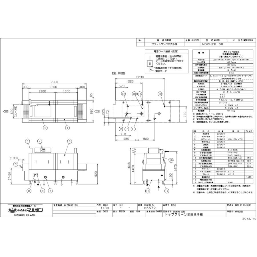 業務用　新品　マルゼン　三相200V　フラットコンベア洗浄機　幅2900×奥行990×高さ1645(mm)　MDCH2B-6R　60Hz　送料別途見積　50