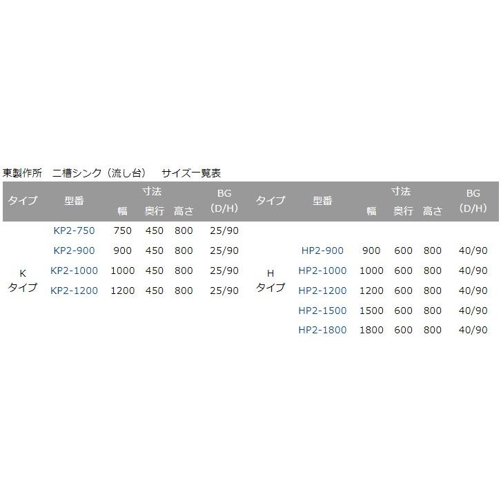 HP2-1000,HPC2-1000【東製作所】二槽シンク【組立式】 幅1000×奥行600 