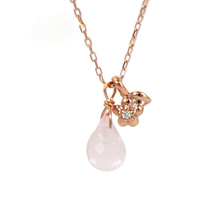 ネックレス K10 ピンクゴールド ダイヤモンド ローズクォーツ ドロップ