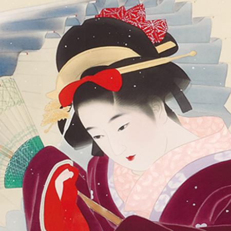 伊東深水 掛け軸 『吹雪』 送料無料 美人画 掛軸一間床丈 共箱 真