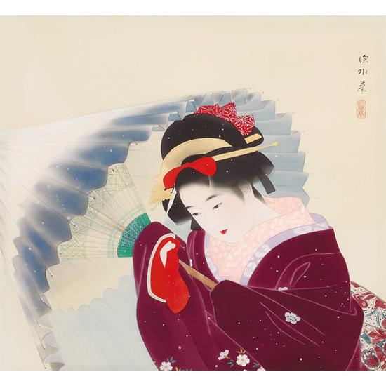 伊東深水 掛け軸 『吹雪』 送料無料 美人画 掛軸一間床丈 共箱 真