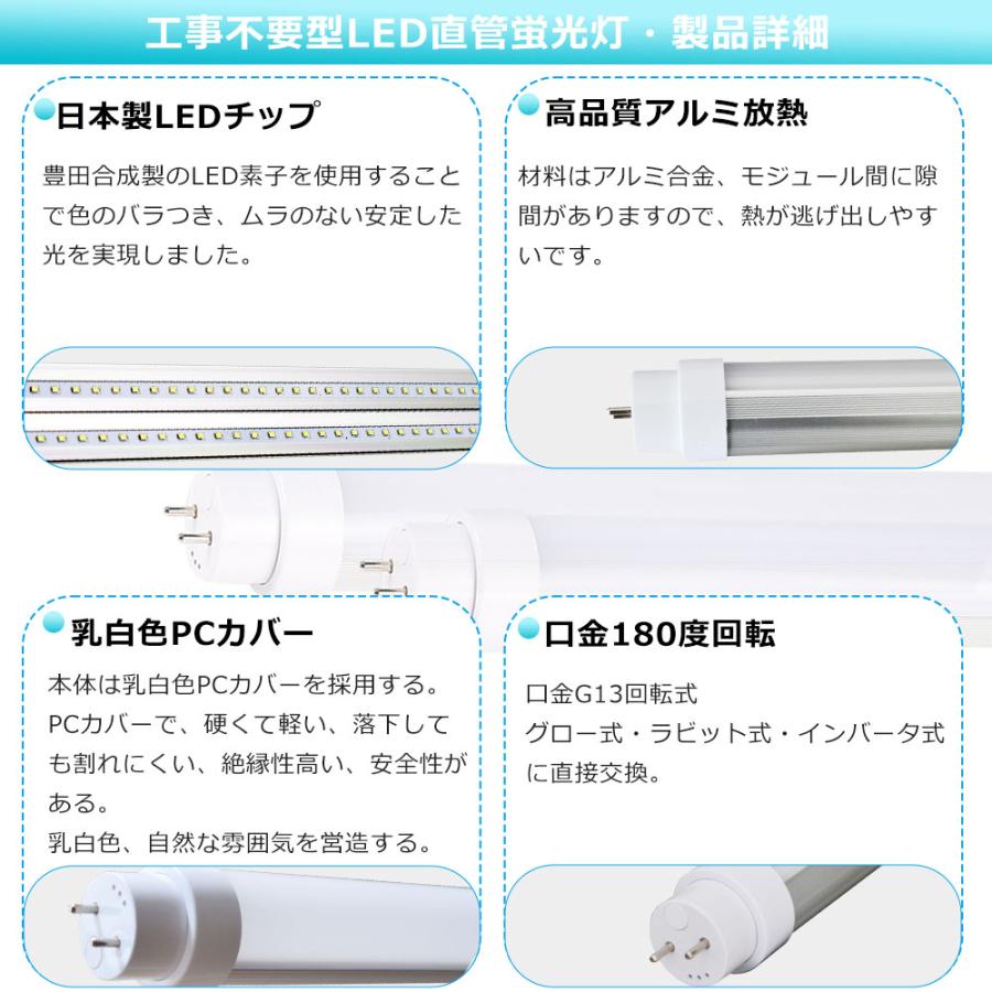 全工事不要 LED蛍光灯 40W形 直管 120cm ラピッド式 インバーター式 グロー式 LED直管蛍光灯 40W形 40W型 40形 32Ｗ形 20W 3200LM G13口金 直管型LEDランプ｜tentenledjpn｜09