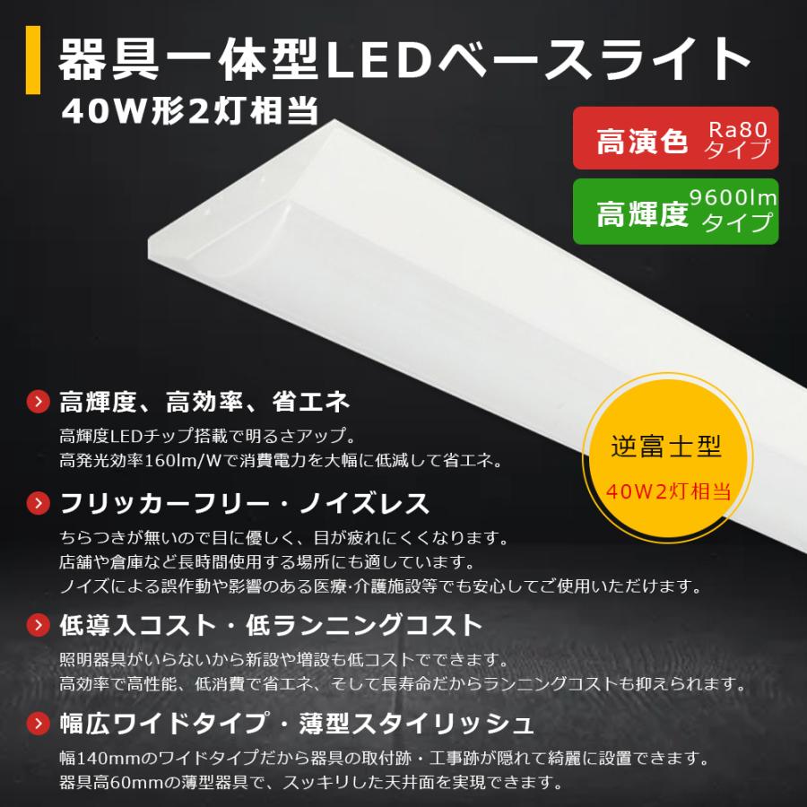 直売最安価格 50台セット LEDベースライト 逆富士 60W 9600LM LED蛍光灯器具一体型 40W形 LEDベースライト 40w 2灯 逆富士 40W型 逆富士型LED照明 逆富士型LEDベースライト