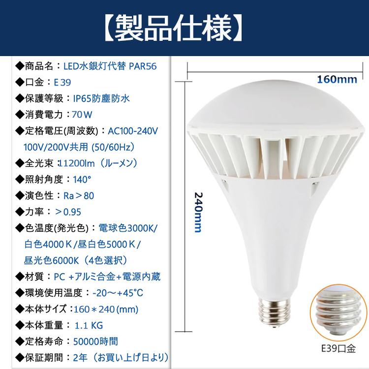 特売セール【30個】 新型 PAR56 LED 電球 PAR56 70W 700W相当 11200lm PAR56ma PAR56 LED 口金E39 バラストレス水銀灯 E39 LEDビーム電球 IP65 防水 防塵 防湿の画像