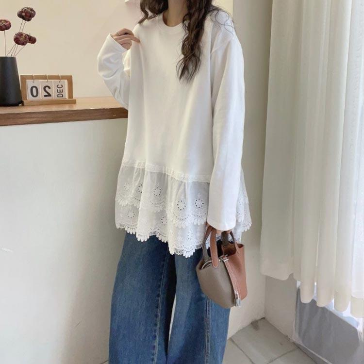 ビッグ 裾レースプルオーバー 大きいサイズス レディース プルオーバー カットソー レース裾 ドルマン Tシャツ チュニック ド : 点 点 ...