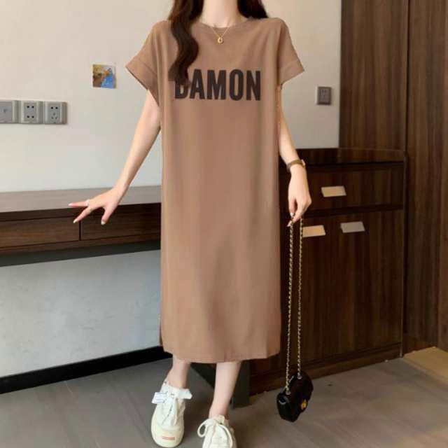 体型カバー ワンピース ロングワンピース 半袖 レディース 着痩せ 膝下