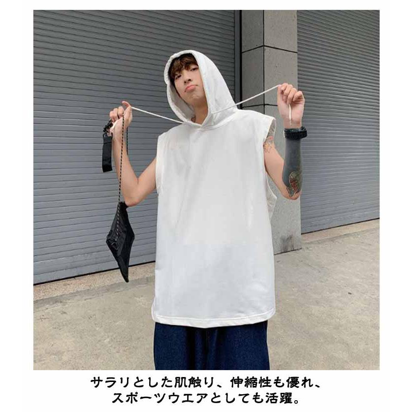 メンズ フード付き ノースリーブ パーカー 薄手 速乾 タンクトップ