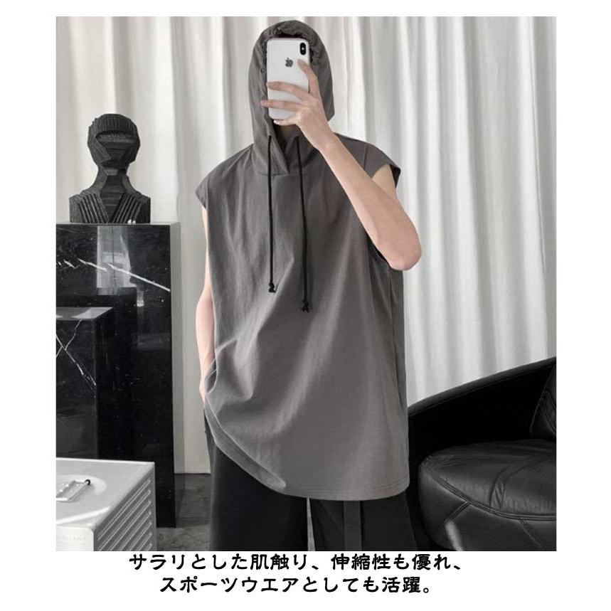 メンズ フード付き ノースリーブ パーカー 薄手 速乾 タンクトップ