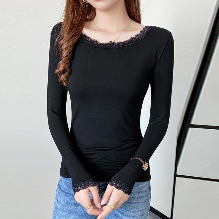 Vネック レース Tシャツ インナー トップス 選べる襟 長袖 ラウンド