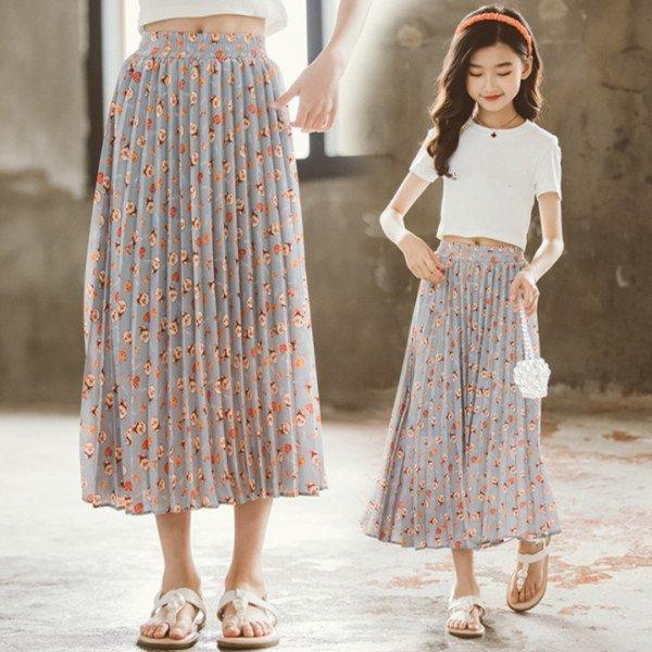 韓国子供服 スカートプリーツスカートシフォン スウィート花柄 夏着 キッズ 女の子 ボトムス スカートロング丈 オシャレ コーデ 通学着 旅行 リゾー 期間限定お試し価格