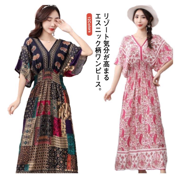 前後Vネック花柄エスニックワンピース ボヘミアン ワンピース ウェスト