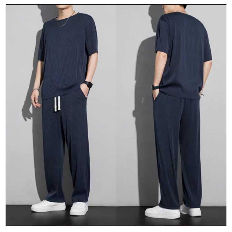 冷感 上下セット メンズ アイスシルク 半袖Tシャツ＋ロングパンツ