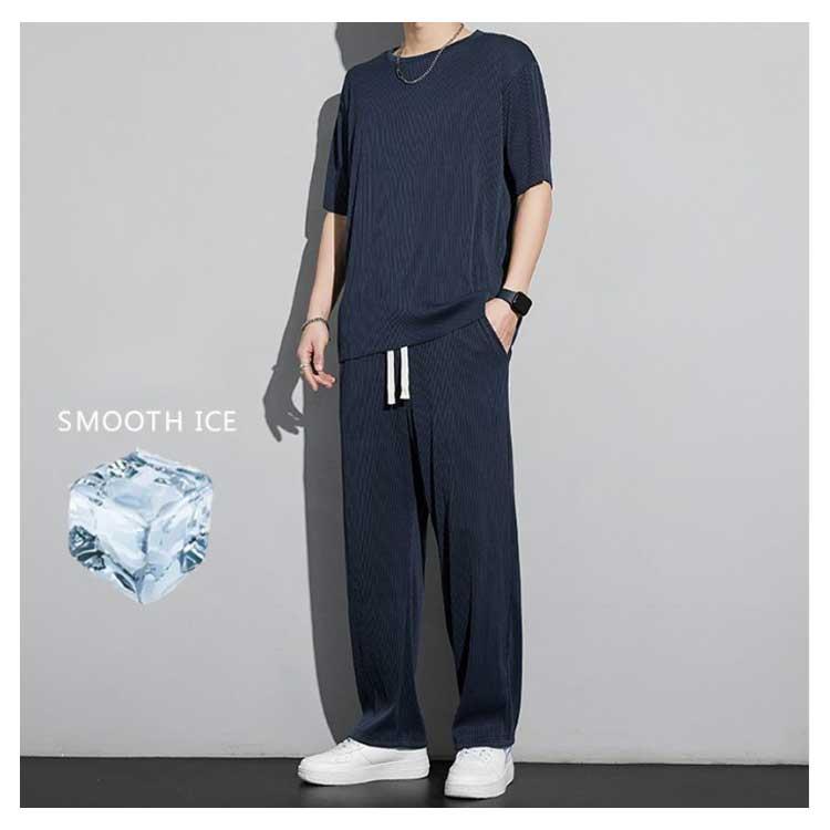 冷感 上下セット メンズ アイスシルク 半袖Tシャツ＋ロングパンツ