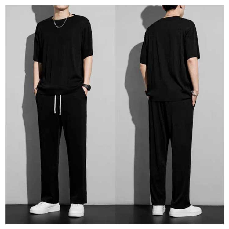冷感 上下セット メンズ アイスシルク 半袖Tシャツ＋ロングパンツ