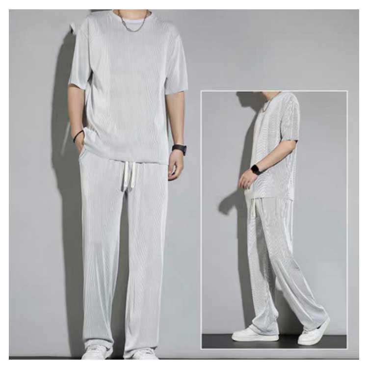 冷感 上下セット メンズ アイスシルク 半袖Tシャツ＋ロングパンツ