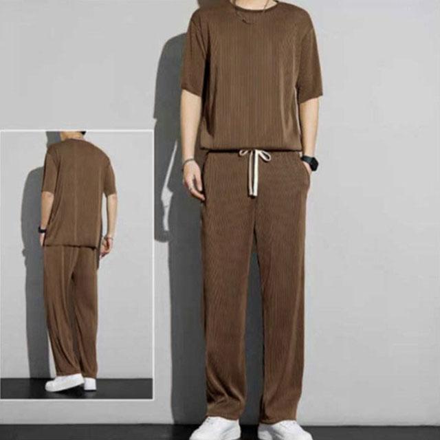 冷感 上下セット メンズ アイスシルク 半袖Tシャツ＋ロングパンツ