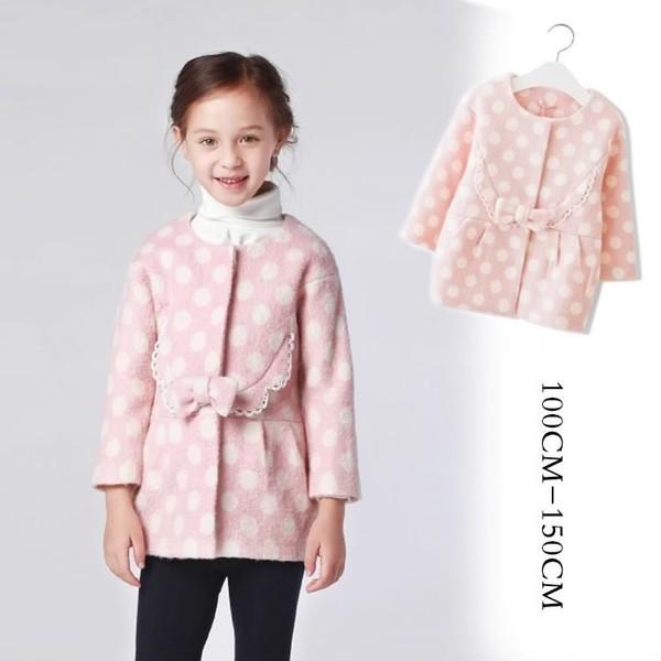 送料無料 キッズ 長袖 ダッフルコート ロング丈 女の子 リボン 水玉柄 オシャレ ウール素材 子ども ジュニア ダッフルコート キッズ 上着 アウタ Supersport Tn
