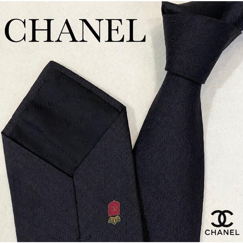 CHANEL ロゴ王冠ネクタイ CHANEL シャネル ネクタイ ココマーク 王冠 刺繍 ブラック シルク100