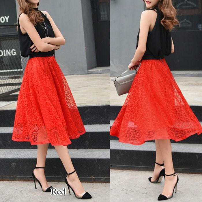 レーススカート レディース Aライン フレア ミモレ ギャザー