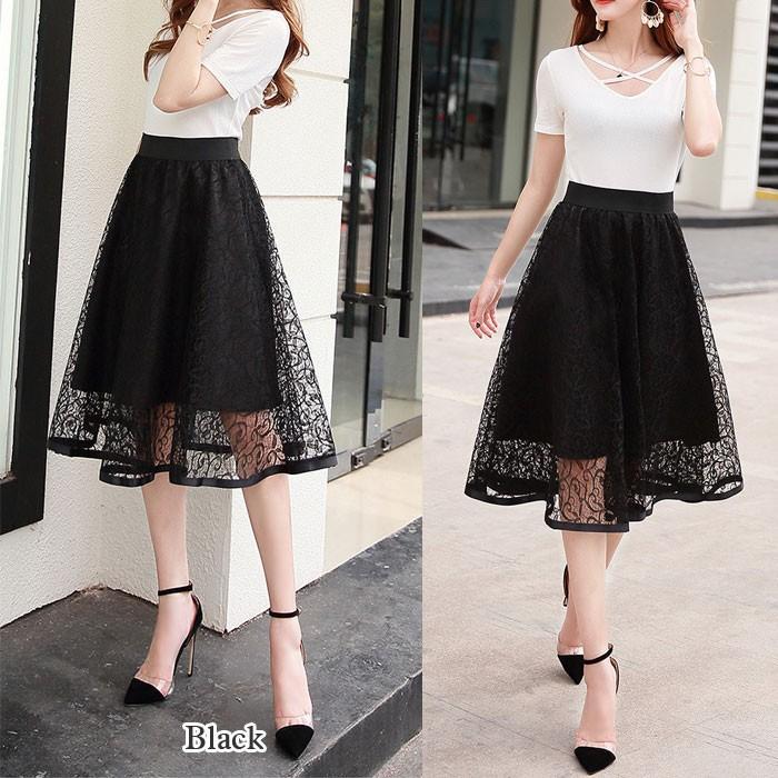 レーススカート レディース Aライン フレア ミモレ ギャザー